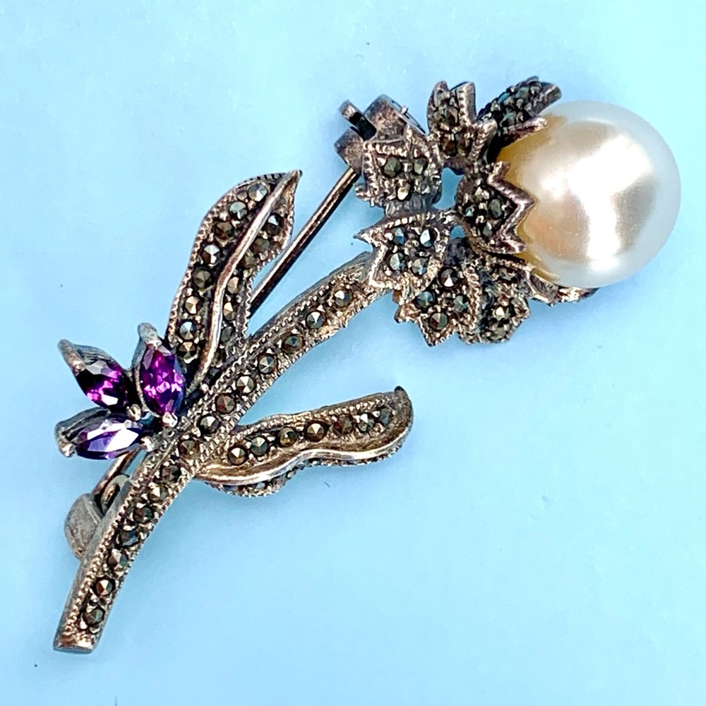VTG 925 Pearl & Marcasite Flower Stem Silver Brooch Lapel Pin